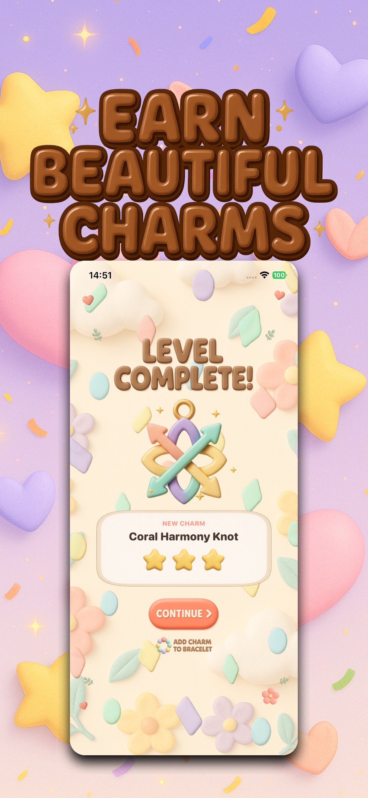 Knot Arrow level complete screen earning a new charm